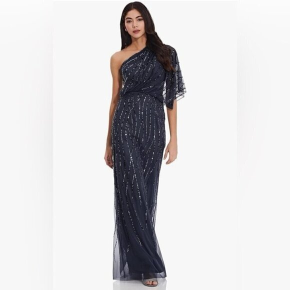 Adrianna Papell - Long Sequins Beaded One-Shoulder Gown - Dusty Navy. Size: 18W - Picture 1 of 16